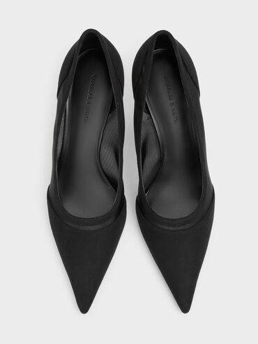 Faux Suede & Mesh Pointed Pumps, Black Textured, hi-res