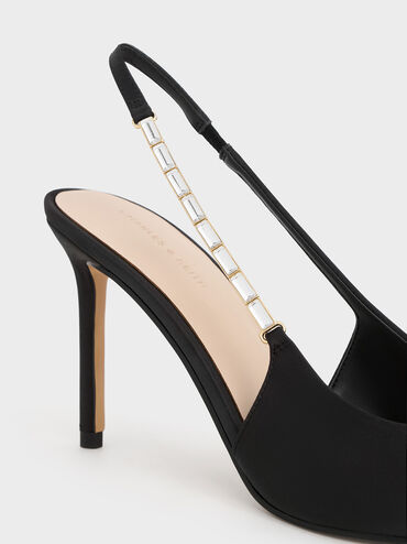 Satin Embellished-Strap Pointed-Toe Slingback Pumps, Black Textured, hi-res