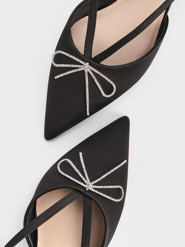 Crystal-Bow Kitten-Heel Slingback Pumps, Black Textured, hi-res