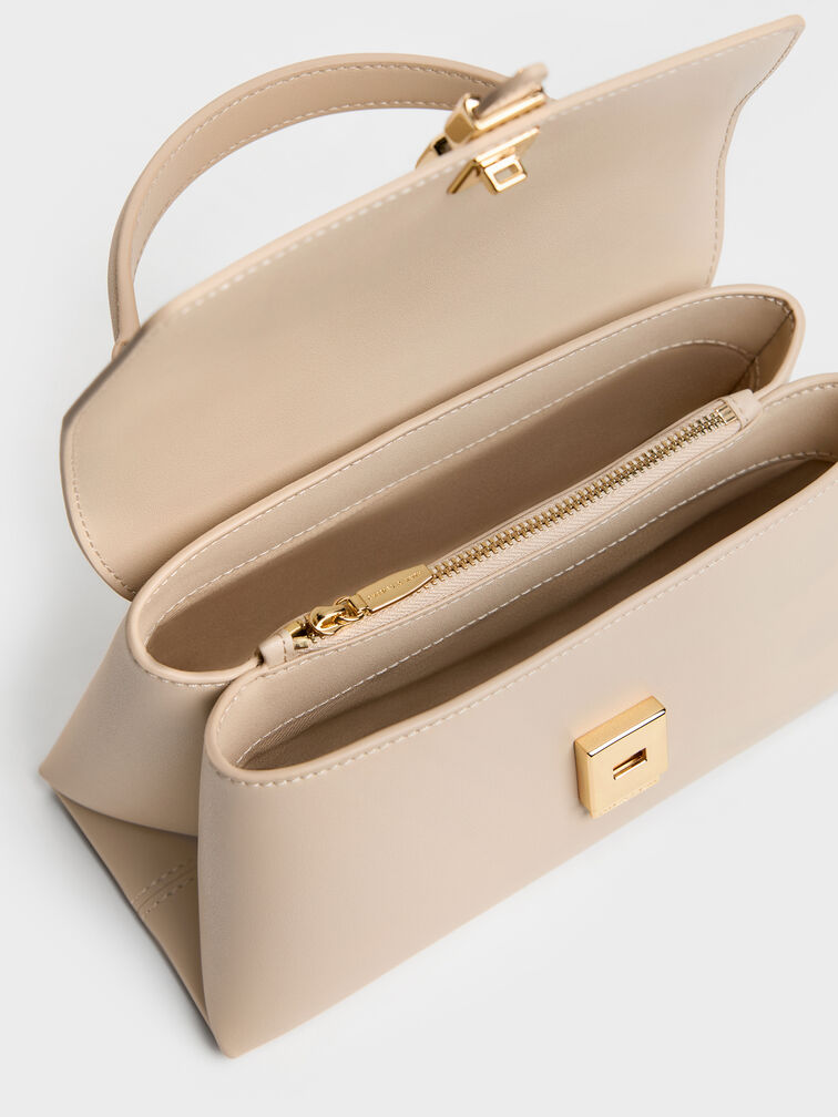 شنطة يد أدالين بمشبك معدني وحزام سلسلة, بيج مخملي, hi-res