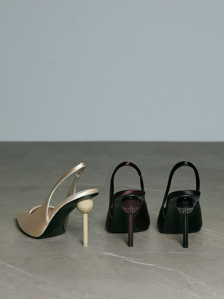 حذاء ميول ساتان مزين بالكريستال بكعب كروي ومقدمة مدببة مع حزام خلفي, أسود خشن, hi-res