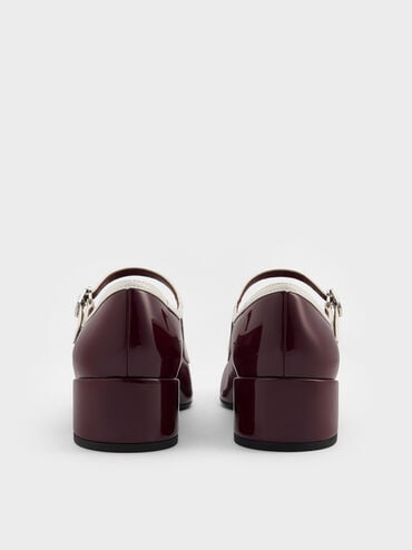 Patent Contrast-Trim Double-Strap Mary Jane Pumps, Burgundy, hi-res