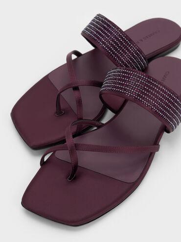 صندل ساتانكروس أوفر مزين بالكريستالات مع حلقة إصبع, برغندي, hi-res