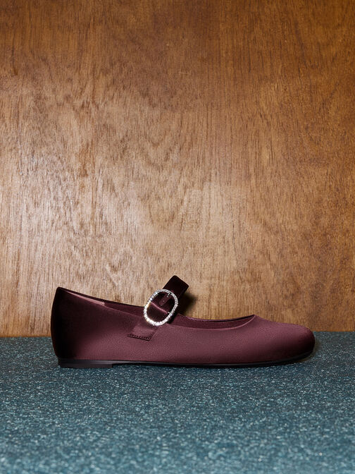 Jannie Satin Crystal-Buckle Mary Janes, Burgundy, hi-res