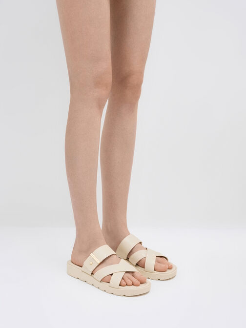 صنادل سلايد بأحزمة متقاطعة ولمسة معدنية, أبيض طباشيري, hi-res