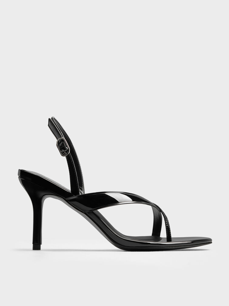 Patent Stiletto Thong Sandals, Black Patent, hi-res