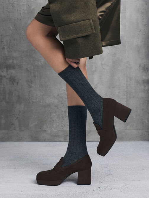 Faux Suede Platform Penny Loafer Pumps, Dark Brown Textured, hi-res