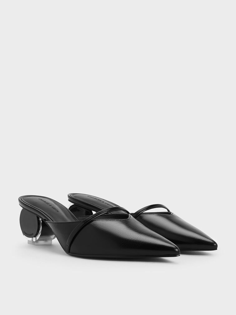 Crinkle-Effect Sculptural-Heel Pointed-Toe Mules, Black, hi-res