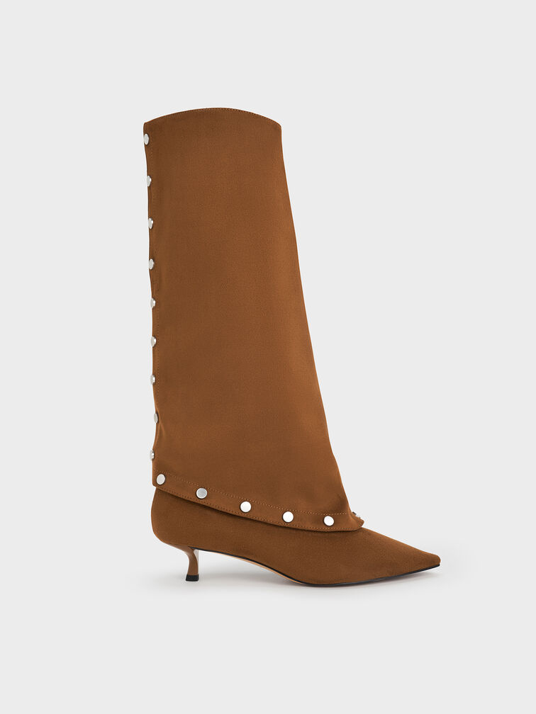 Gael Faux Suede Studded Convertible Kitten-Heel Knee-High Boots, Brown, hi-res