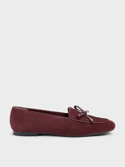 Leather & Suede Bow Loafers, Burgundy, hi-res
