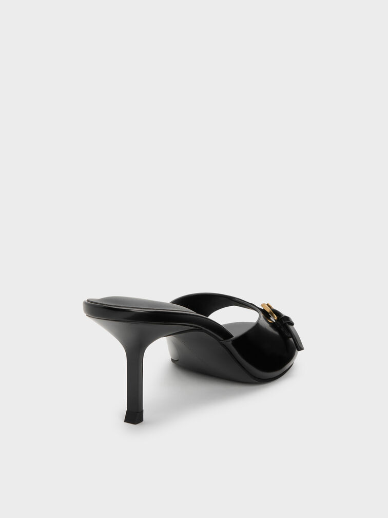 Buckled-Strap Heeled Mules, Black Boxed, hi-res