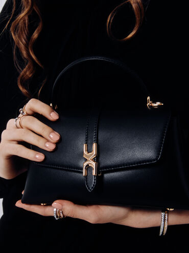 شنطة يد أدالين بمشبك معدني وحزام سلسلة, أسود, hi-res