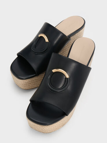 Metallic-Accent Espadrille Wedges, Black, hi-res