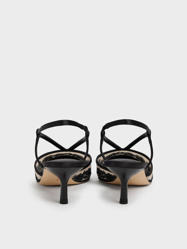 Satin Embroidered-Mesh Slingback Kitten Heels, Black Textured, hi-res