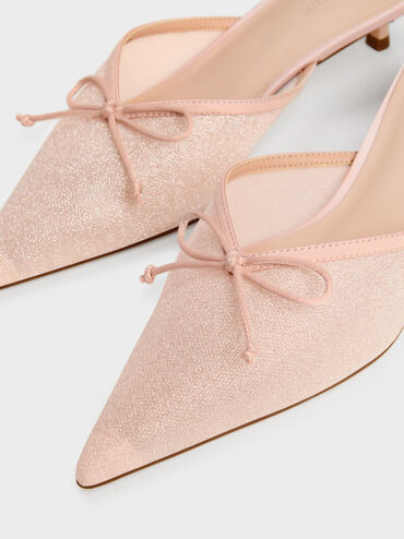 Glittered Mesh Bow Kitten Heels, Pink, hi-res