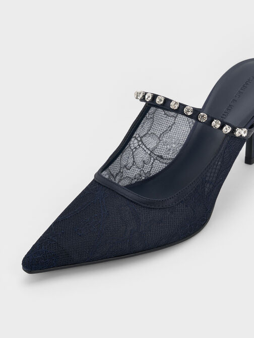 حذاء بكعب مرتفع مفتوح من الخلف (مولز) من الدانتيل والساتان  مطعم بالكريستال, أزرق داكن, hi-res