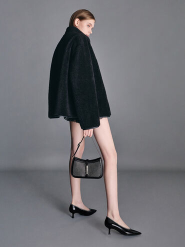 شنطة كتف سيسيا ساتان أسود لامع مزينة بالكريستال مع لمسة ميتاليك, أسود حريري لامع, hi-res