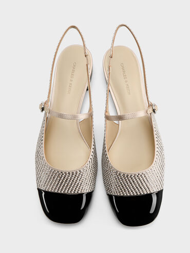 Pearl-Crystal Cap-Toe Mary Jane Flats, Gold, hi-res
