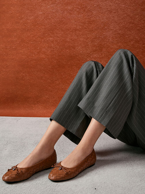 Ivette Woven Bow Ballet Flats, Brown, hi-res