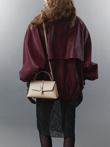 شنطة يد أدالين بمشبك معدني وحزام سلسلة, بيج مخملي, hi-res