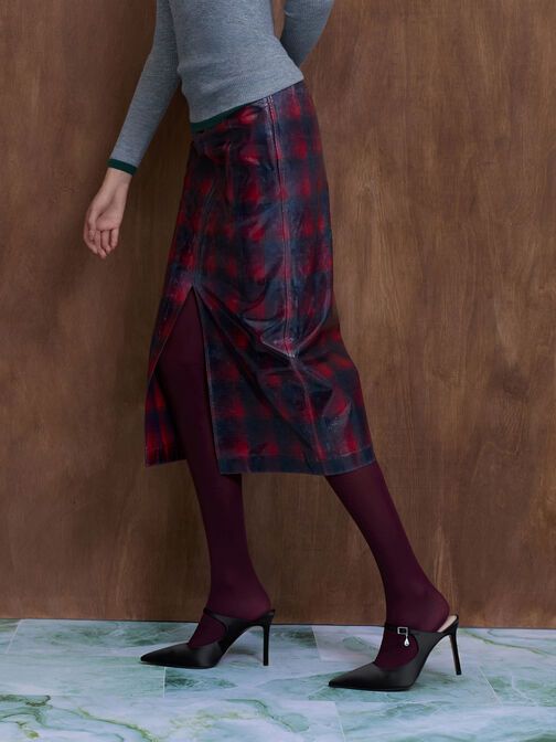 Teardrop-Crystal Buckle-Strap Mules, Black Textured, hi-res