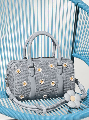 Philomena Raffia Flower Bowling Bag, Misty Blue, hi-res