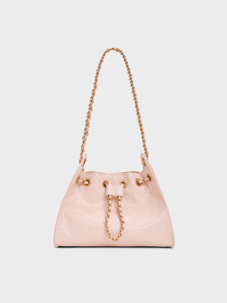 Duo Quilted Drawstring Bucket Bag, Soft Pink, hi-res