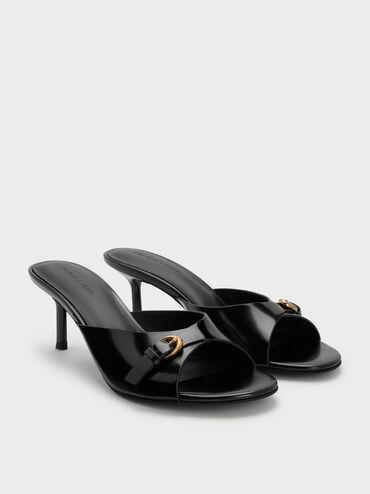 Buckled-Strap Heeled Mules, Black Boxed, hi-res