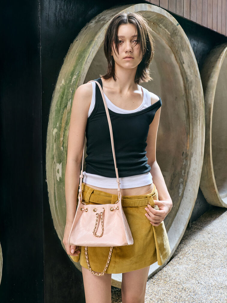 Duo Quilted Drawstring Bucket Bag, Soft Pink, hi-res