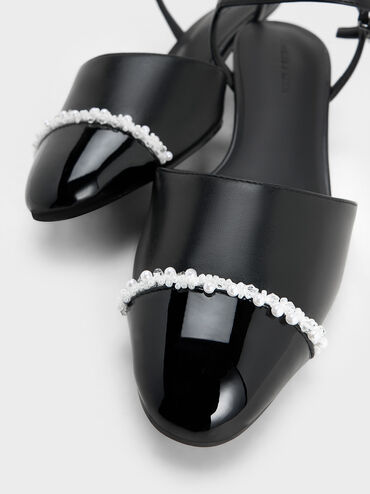 Pearl-Embellished Cap-Toe Kitten Heels, Black, hi-res