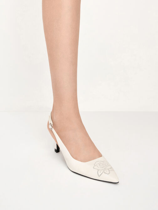 Perforated Rose Pointed-Toe Kitten-Heel Slingback Pumps, Chalk, hi-res