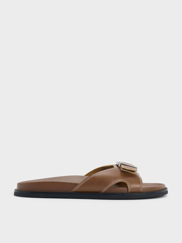 Stitch-Trim Buckled Slides, Cognac, hi-res