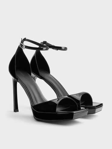 Patent Platform Heeled Sandals, Black Patent, hi-res