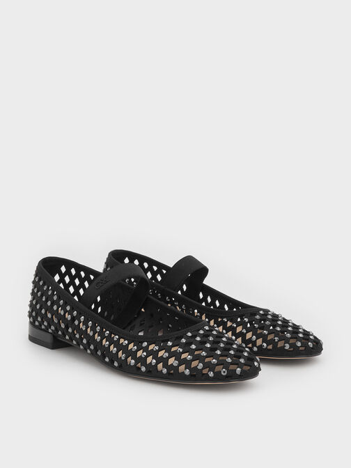 Studded Cut-Out Mary Jane Flats, Black, hi-res