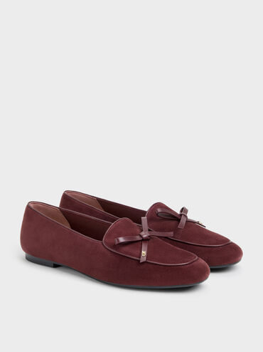 Leather & Suede Bow Loafers, Burgundy, hi-res