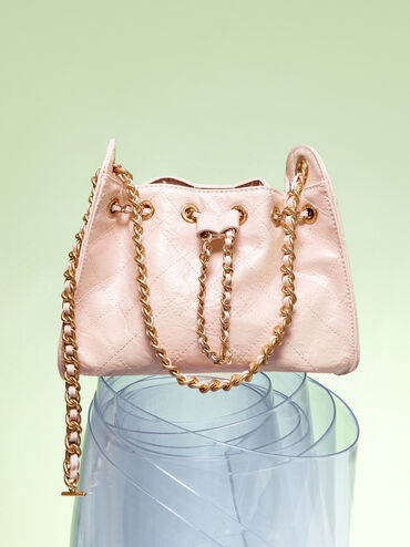 Duo Quilted Drawstring Bucket Bag, Soft Pink, hi-res