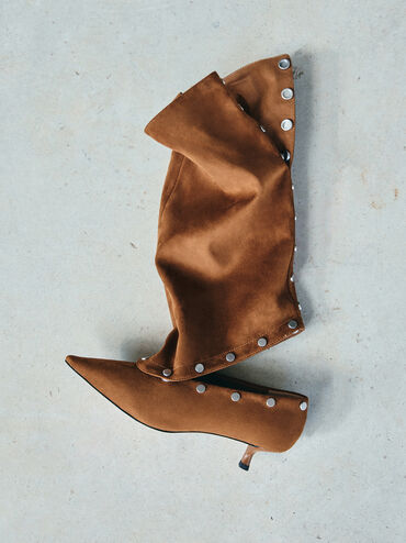 Gael Faux Suede Studded Convertible Kitten-Heel Knee-High Boots, Brown, hi-res
