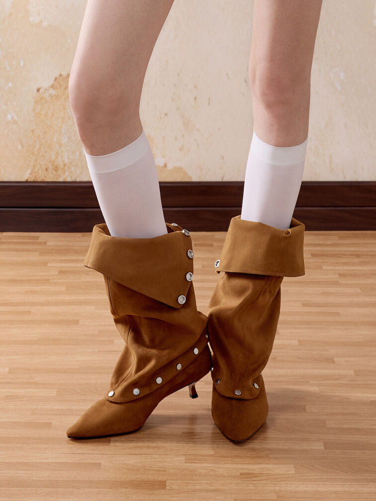 Gael Faux Suede Studded Convertible Kitten-Heel Knee-High Boots, Brown, hi-res