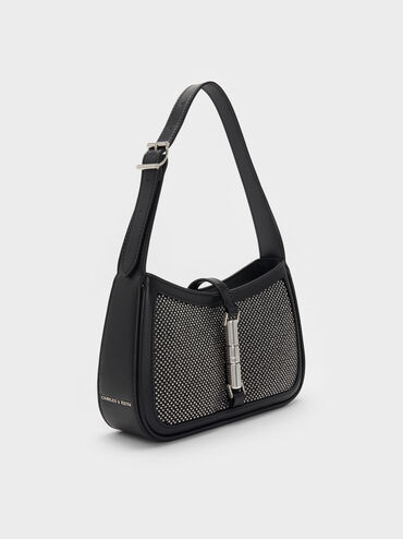 شنطة كتف سيسيا ساتان أسود لامع مزينة بالكريستال مع لمسة ميتاليك, أسود حريري لامع, hi-res