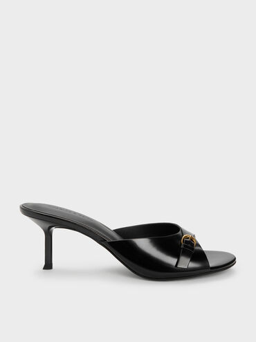 Buckled-Strap Heeled Mules, Black Boxed, hi-res