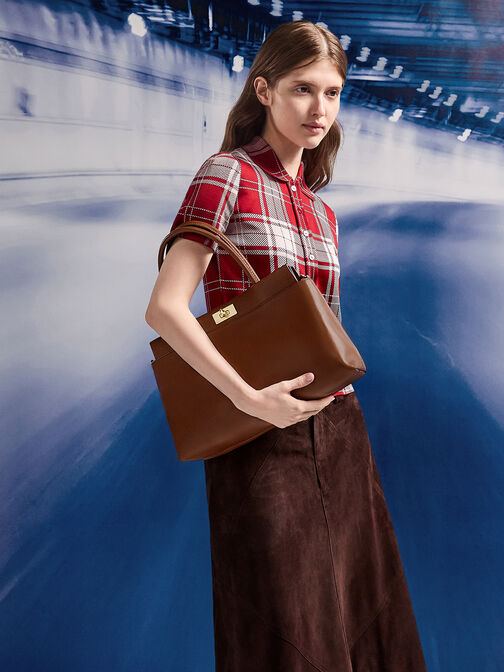 Lennie Top Handle Satchel Bag, Dark Brown, hi-res