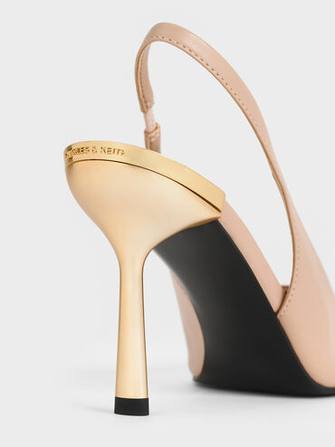 Metallic-Heel Pointed-Toe Slingback Pumps, Nude, hi-res