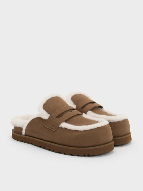 Furry Flatform Mules, Brown, hi-res