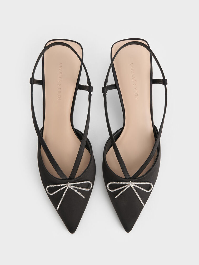 Crystal-Bow Kitten-Heel Slingback Pumps, Black Textured, hi-res
