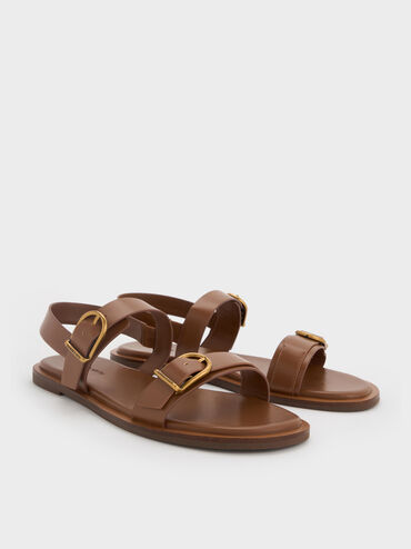 Double-Strap Slingback Sandals, Brown, hi-res