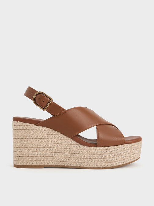 Crossover Espadrille Wedges, Brown, hi-res