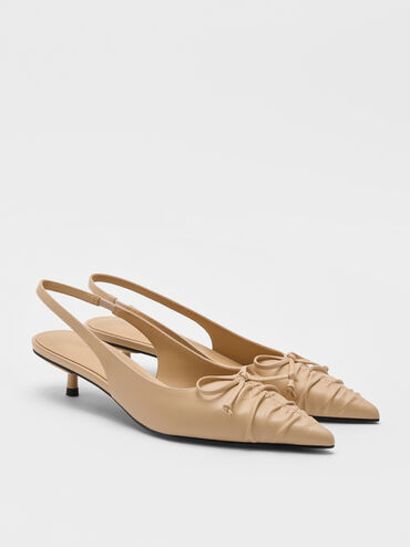 Ruched Bow Slingback Kitten Heels, Sand, hi-res