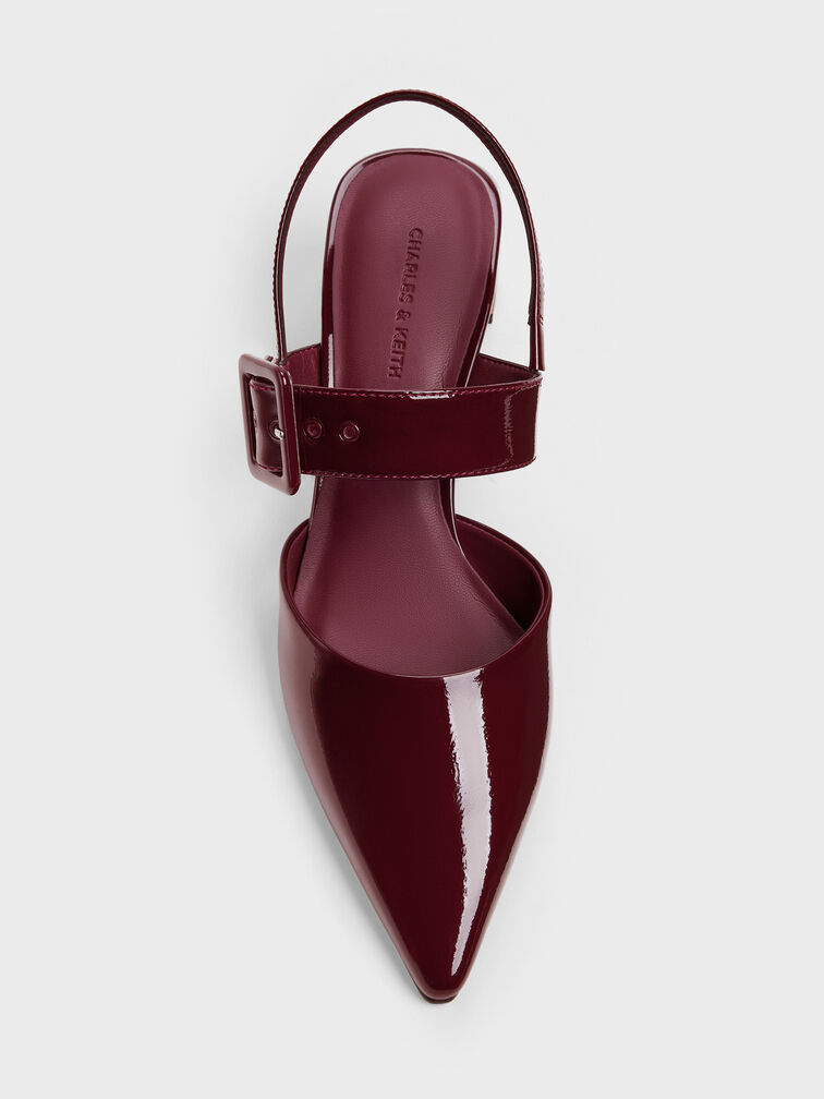 Patent Buckled Pointed Slingback Pumps, Burgundy, hi-res