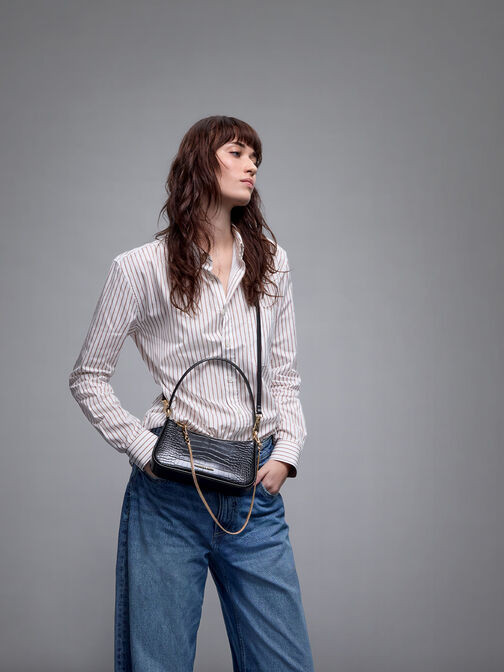 حقيبة كتف إلسبيث بنقشة جلد التمساح وسلسلة معدنية, أسود بنقشة تمساح, hi-res