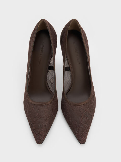 حذاء (بامبس) من الدانتيل والساتان بكعب ستيليتو, بني محبّب غامق, hi-res